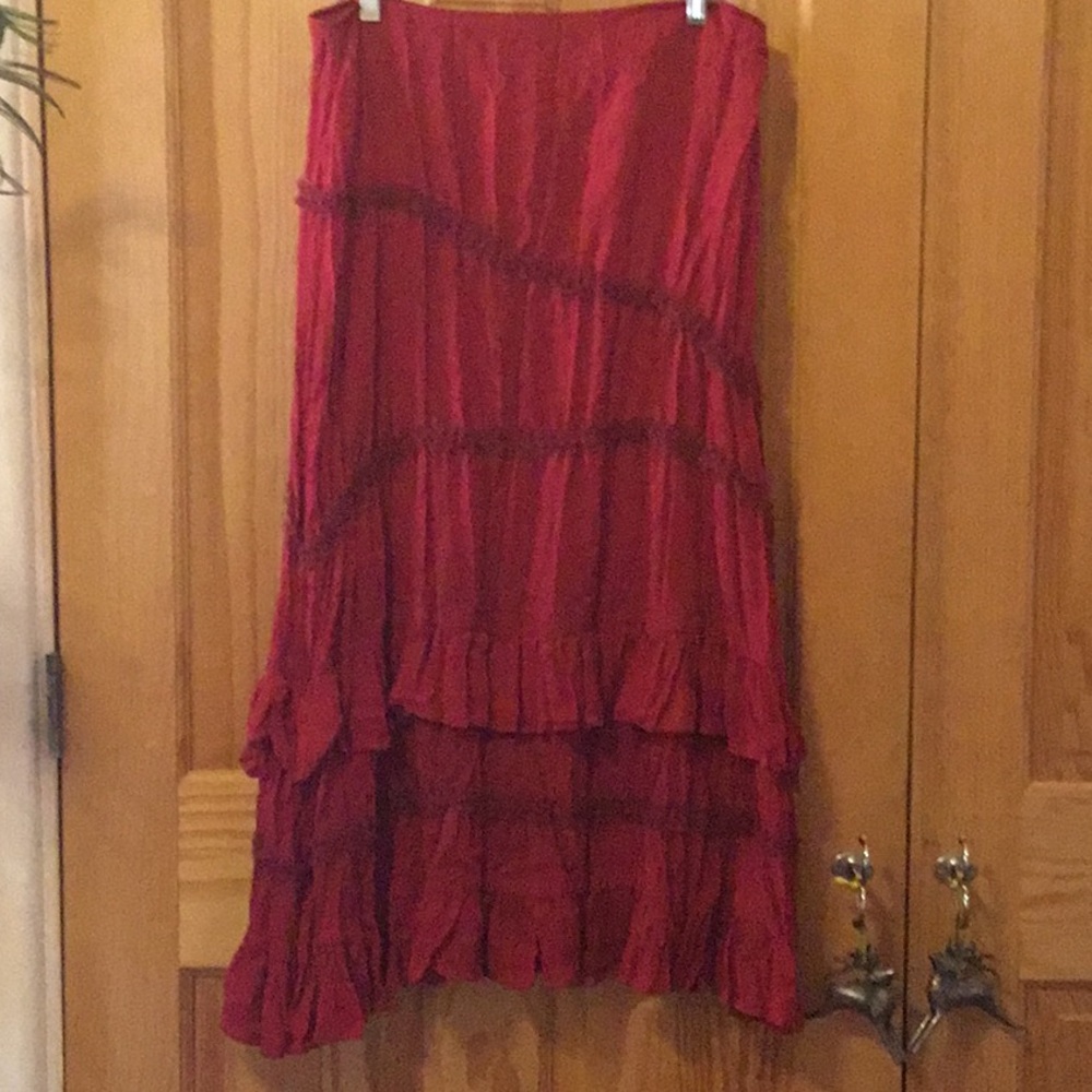 Red Maxi A-Line Skirt with Ruffled Tiers